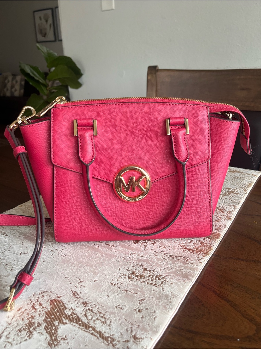 Michael Kors Hot Pink Saffiano Leather Satchel with Gold Hardware
